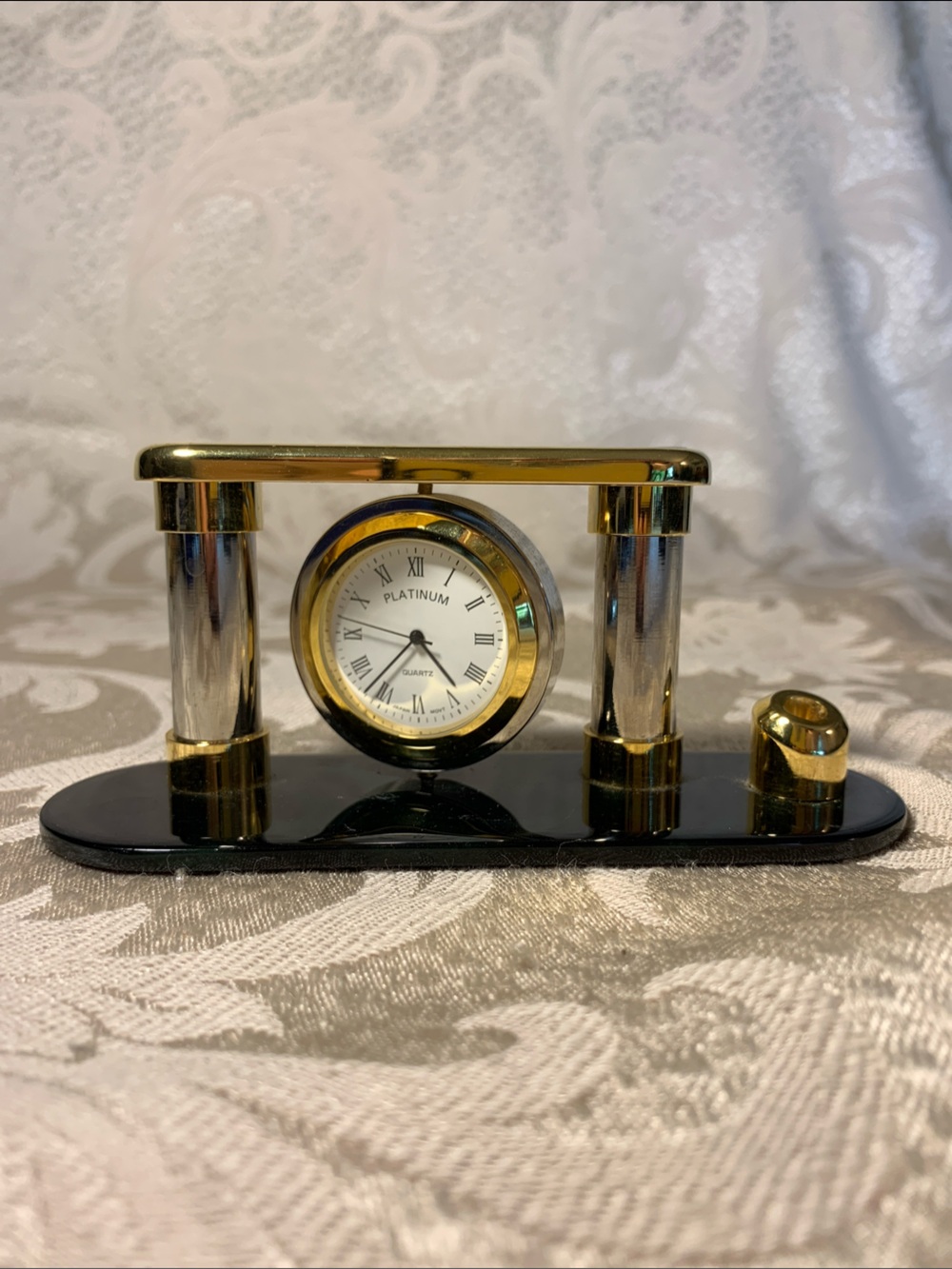 Platinum Desk Clock Pen Holder in Black and Gold